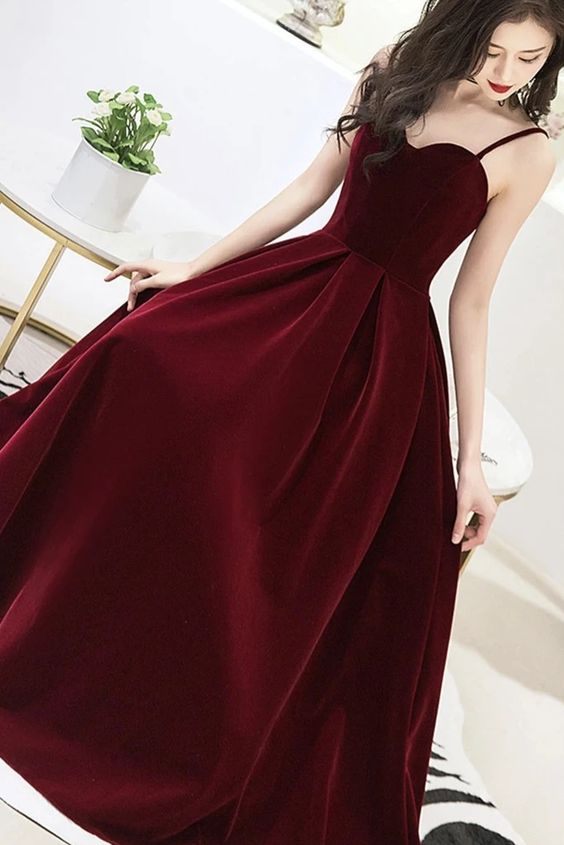 Velvet Straps V-neckline Party Dress, Long Burgundy Prom & Evening Dress - FashionDia
