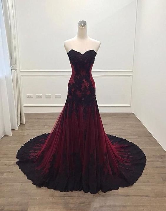 Deep Burgundy Evening Party Dress Sweetheart Prom Dresses Lace Appliques Evening Dresses - FashionDia