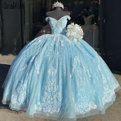 Blue Quinceanera Dress Lace Applique Beaded Bling Organza Off-the-Shoulder Sweet 16 Dress,Blue Ball Gown - FashionDia
