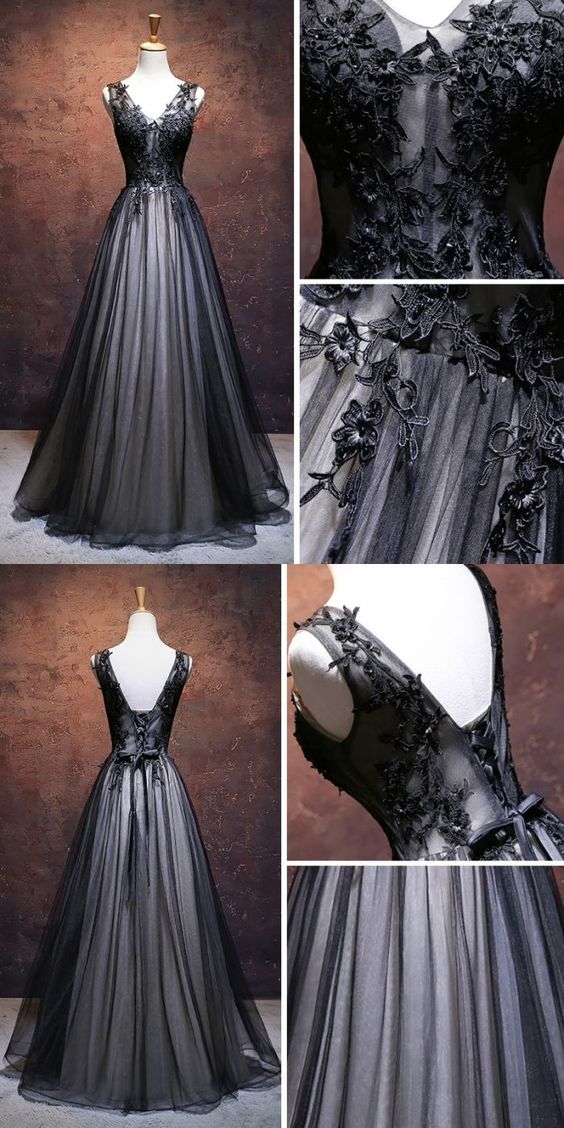 A-Line V-Neck Black Lace Tulle Prom Dress - FashionDia