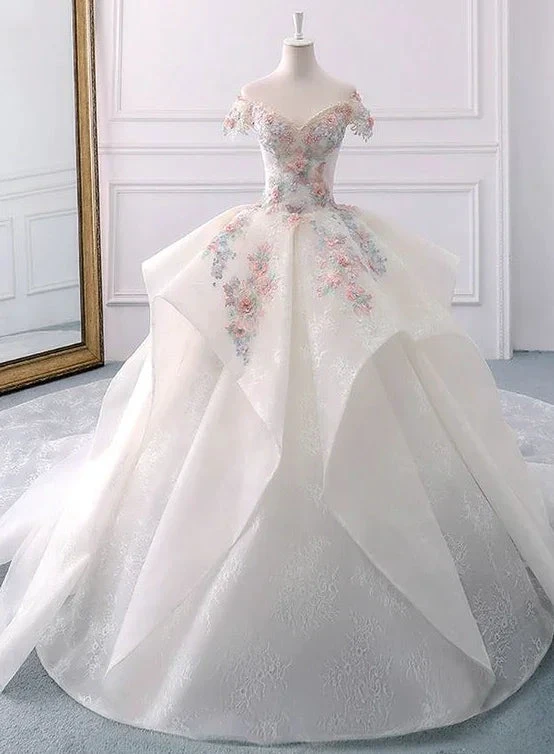 Stunning Off The Shoulder Flower Ball Gown Lace Wedding Dress Y1145 by simplepromdress