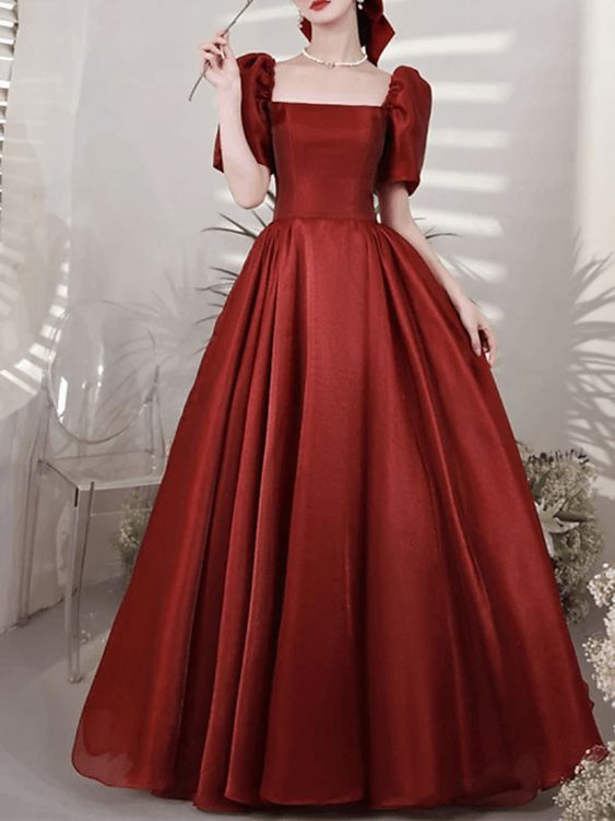 A-Line Elegant Vintage Prom Formal Evening Dress Square Neck Short Sleeve Floor-Length Satin with Pleats - FashionDia