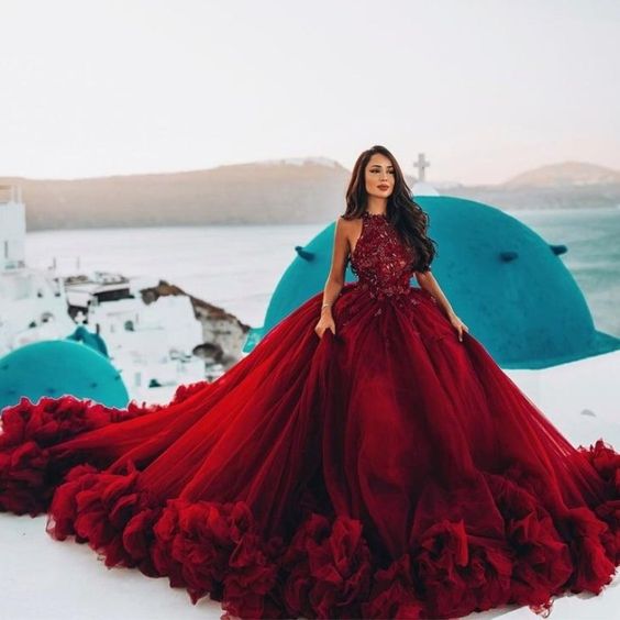 Luxury Burgundy Ball Gown Quinceanera Dress Crysatl Beaded Sweet 16 Dress Long Formal Prom Gowns - VelvetHem