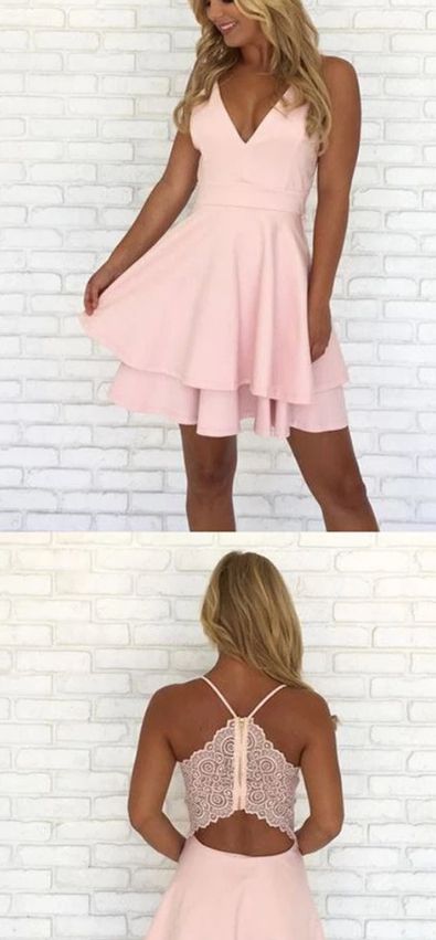 Cute Spaghetti Strap A-Line Pink Short Homecoming Dresses - FashionDia