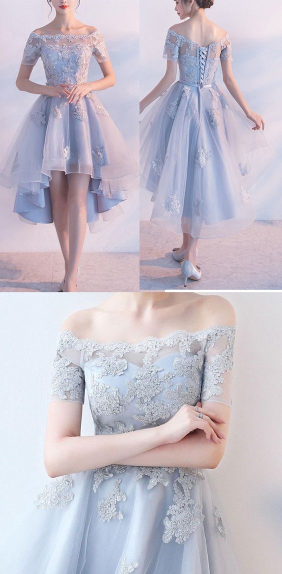 Sexy Short Sleeves Lace Appliques Homecoming Dresses High-Low Prom Hoco Dress - FashionDia