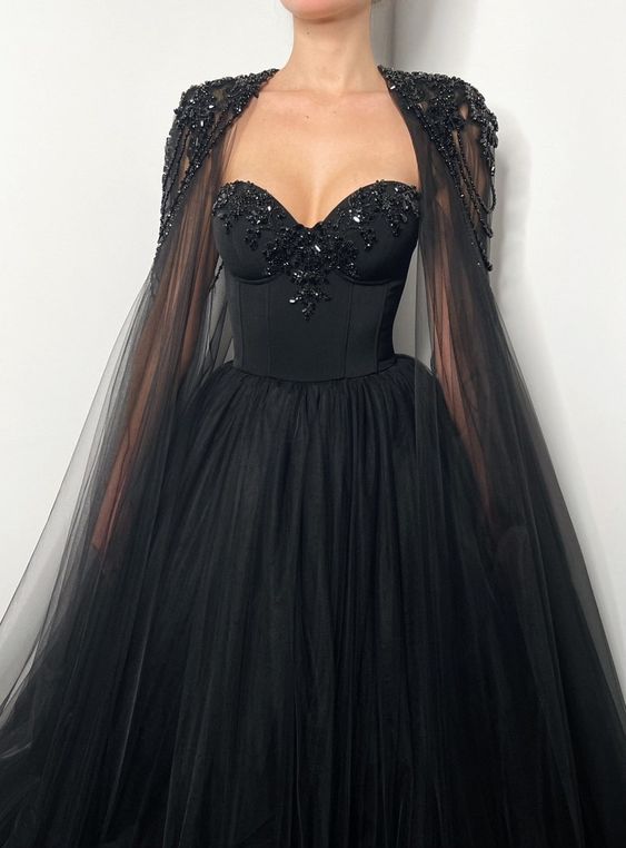Black Gothic crystal beaded corset wedding tulle dress, elegant beaded alternive bride dress, long black cape black prom dress - FashionDia