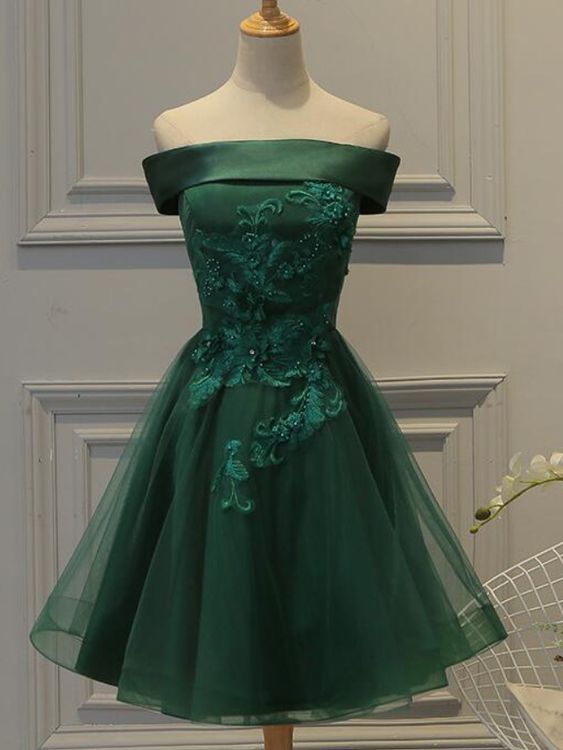 Lovely Off-the-Shoulder Green Short Satin Party Dress With Lace Applique, Green Homecoming Dresses - FashionDia