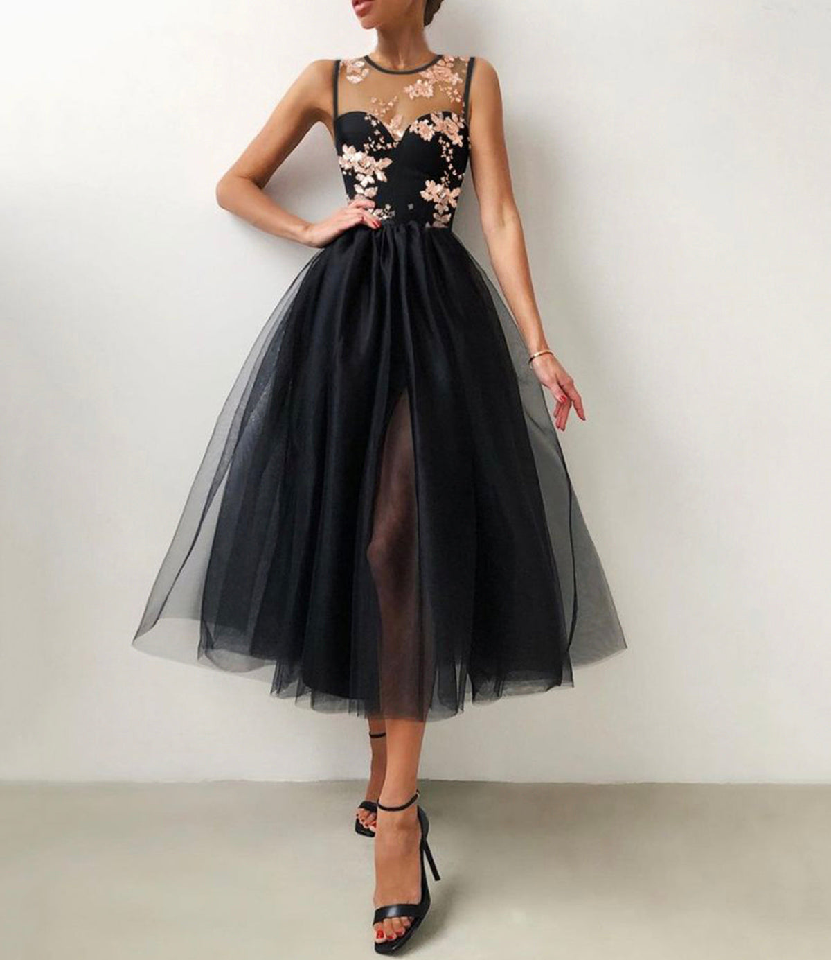 Black tulle lace short prom dress party dress - FashionDia