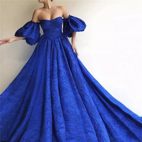 Blue Puff Half Sleeves Evening Dress Lace Prom Dress - FashionDia