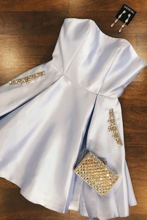 A-Line Strapless Light Blue Short Homecoming Dress With Pockets Beading - FashionDia