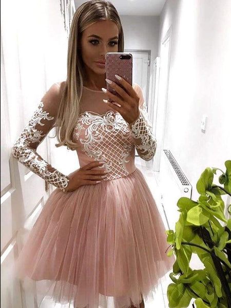 A-Line Scoop Pink Lace Short Prom Dress Long Sleeve Homecoming Dress - FashionDia