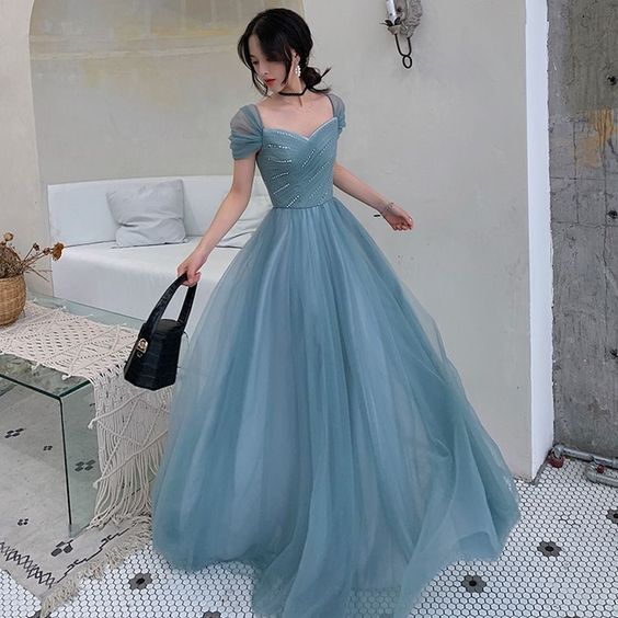A-Line Princess Square Neckline Short Sleeve Floor-Length Prom Dresses - FashionDia