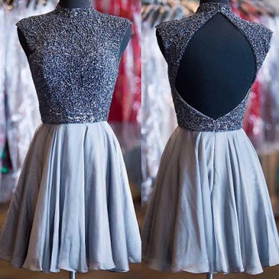 Grey beads sparkly high neck open back vintage elegant homecoming dress - FashionDia