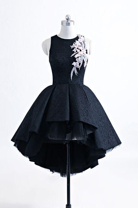Black satin High-Low homecoming dress, short black halter homecoming dress - FashionDia