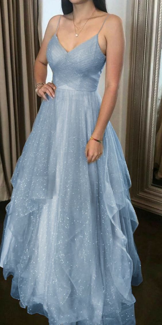Elegant Blue spaghetti straps tulle long prom dress V-Neck Blue Tulle Prom Dress Long Evening A-Line Corset Dress - FashionDia