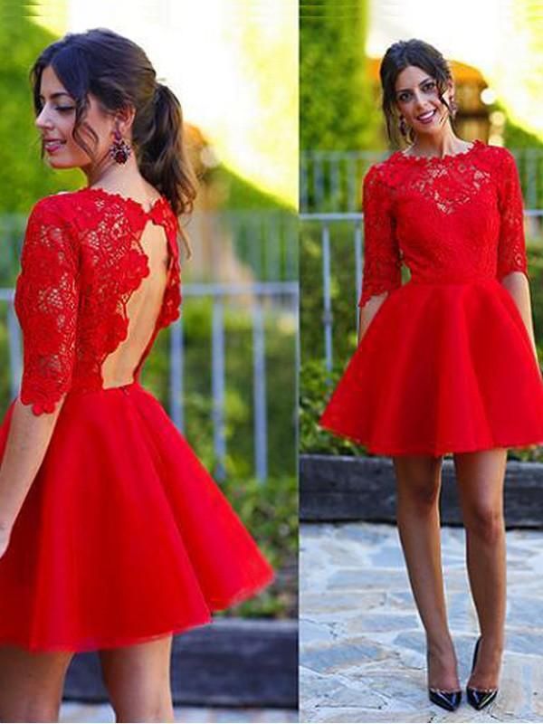 A-Line Princess Scoop 1/2 Sleeves Lace Short Homecoming Dresses - FashionDia