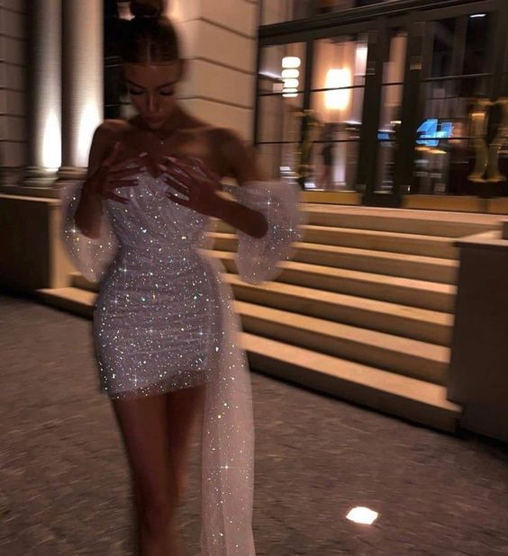 Sweetheart Sparkly Night Party Dress With Pufft Sleeves Short Homecoming Dress - FashionDia