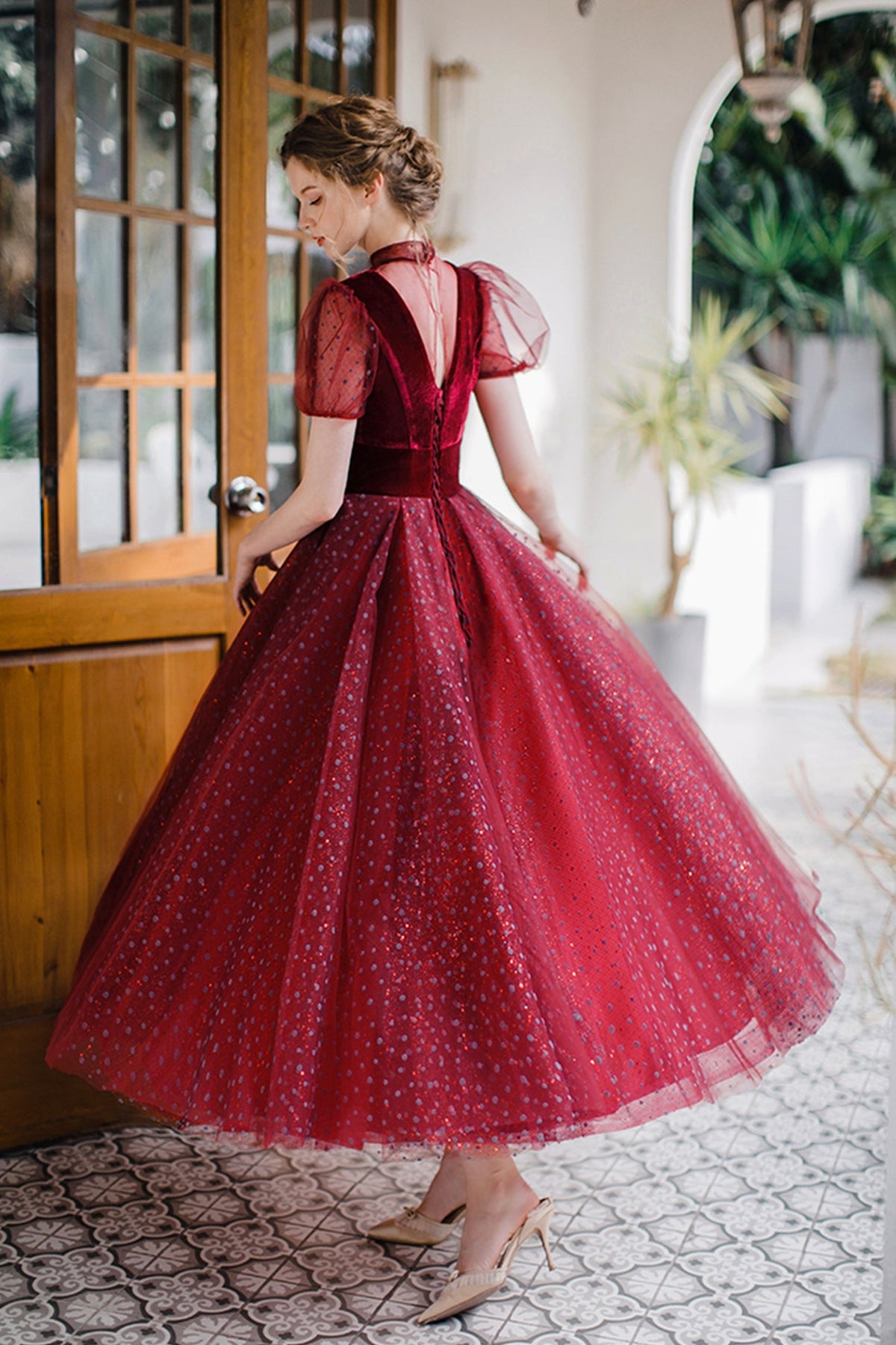 Elegant A-Line short prom dress burgundy evening dress - View 2 | FashionDia