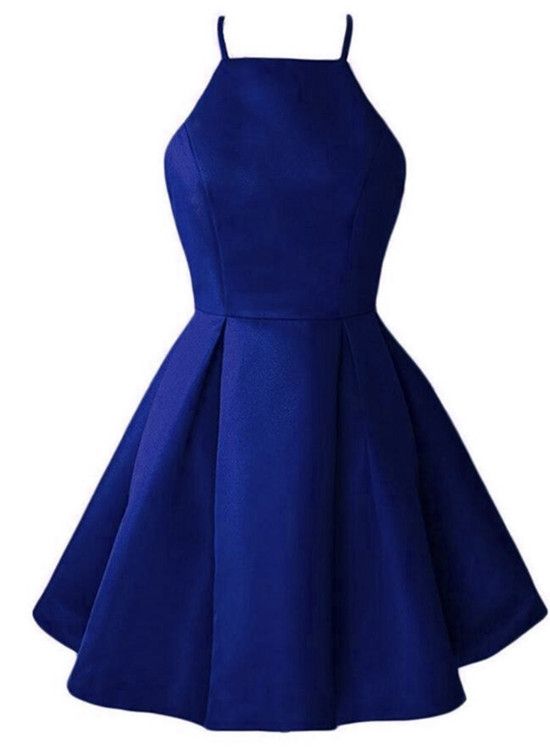 Blue Short Halter Satin Party Dresses, Short Prom Dresses, Blue Homecoming Dresses - FashionDia