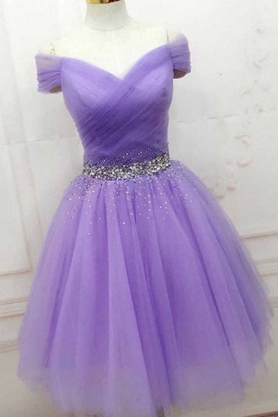 Lovely Light Purple Beaded Short Party Dress, Off-the-Shoulder Homecoming Dress - FashionDia