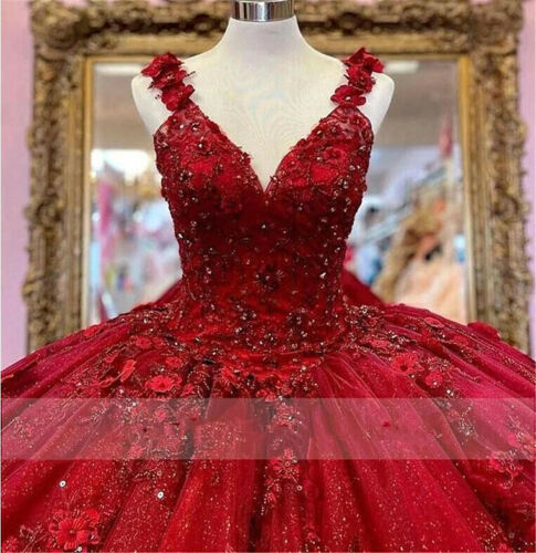 Red Quinceanera Dresses 3D Flowers Appliques Top Beaded Ball Gown Sweet 16 Dress - View 2 | FashionDia