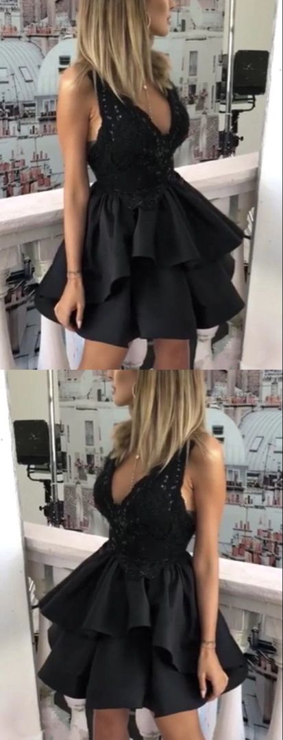 Short black Homecoming Dresses V-Neck Party Dress - FashionDia