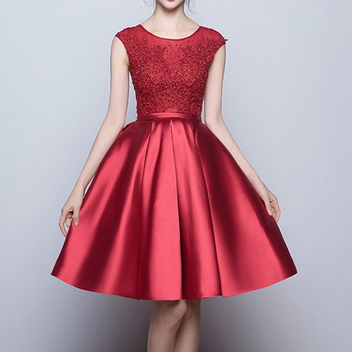 Burgundy lace satin short homecoming dress party dress - FashionDia