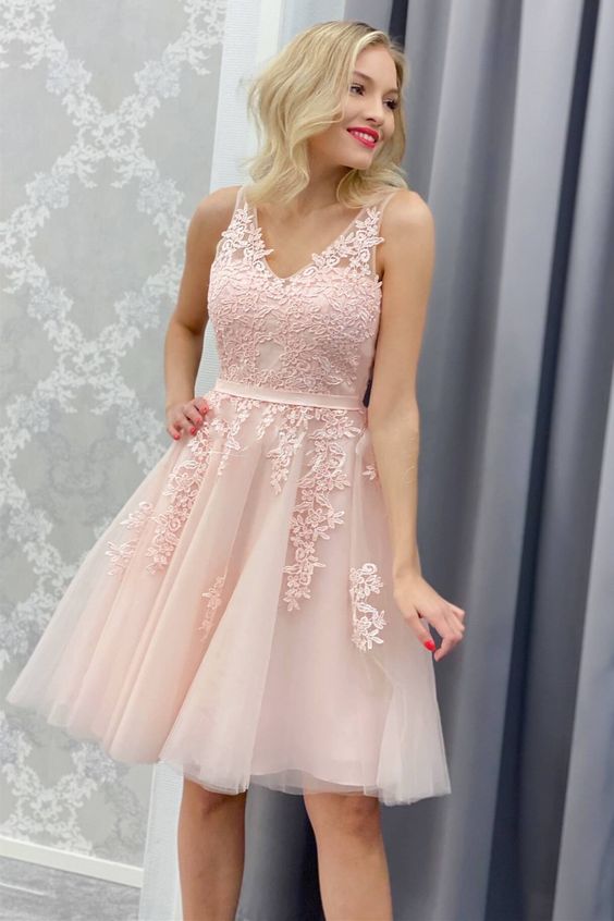 A-Line Pink Short Homecoming Dress with Lace Appliques - FashionDia