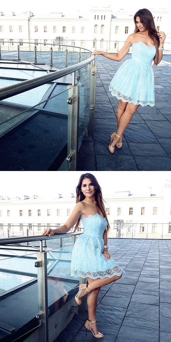 A-Line Sweetheart Blue Lace Short Homecoming Dress - FashionDia