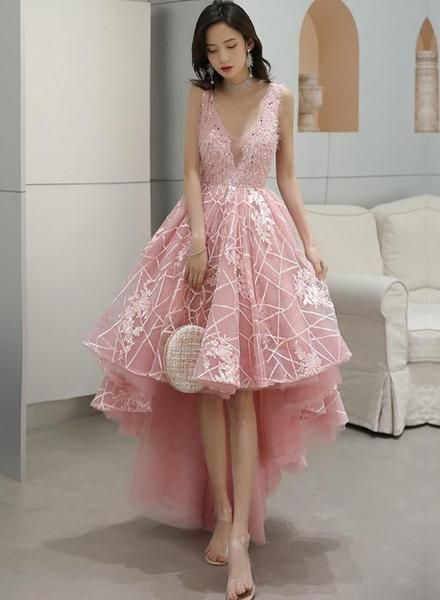 Pink V-Neckline Tulle Lace High-Low Party Dress, Pink Formal Dress Homecoming Dress - FashionDia
