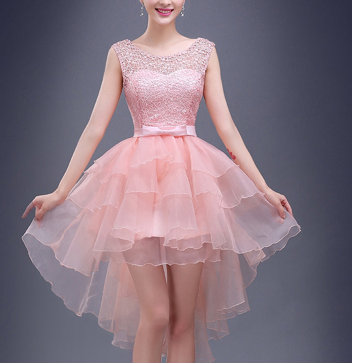 Charming A-Line pink lace High-Low short prom dress,homecoming dresses - FashionDia