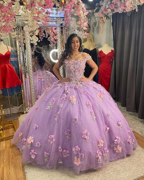 Lilac Quinceanera Dress With Flowers Ball Gown Sweet 16 Dress Elegant Tulle Ball Gown 3D Flowers Princess Evening Dress 15 Lovely - FashionDia