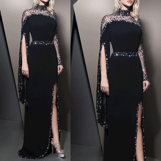 Black Evening Dress, Beaded Evening Dress, High Neck Evening & Prom Dress with long sleeves - FashionDia