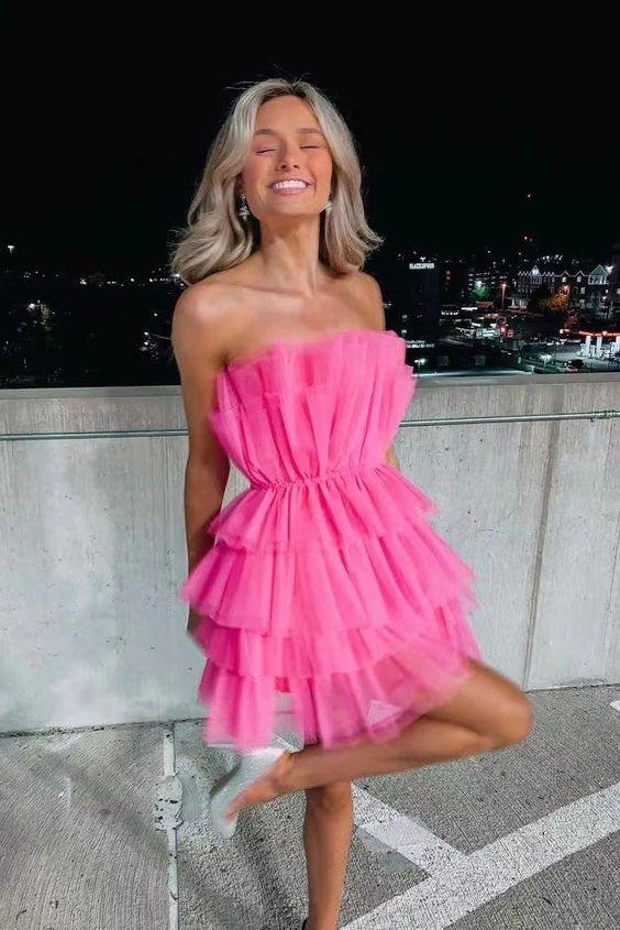 Hot Pink Strapless Tiered Short Homecoming Dress, Tulle Back to School Dress - FashionDia