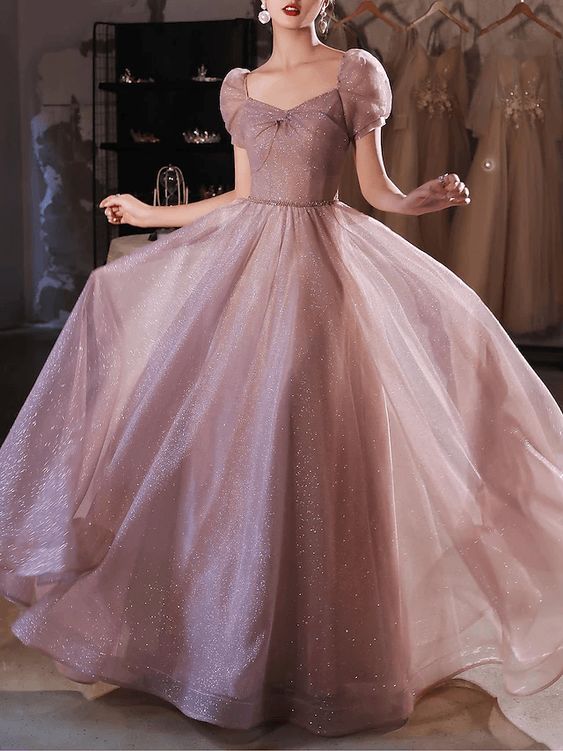 A-Line Beautiful Back Elegant Prom Formal Evening Dress Sweetheart Neckline Short Sleeve Floor-Length - FashionDia