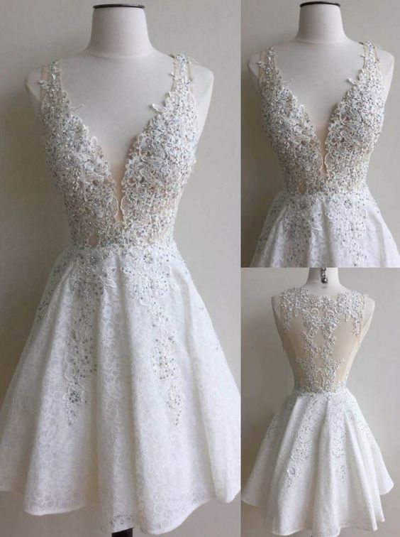 Dress, Ivory Lace Homecoming Dress,Short Prom Dress, Special Ocassion Dress, White Prom Dress,Gorgeous V-Neck Prom Dress,Formal Prom Dress,Graduation - FashionDia