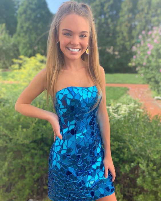 Glitter Bodycon Strapless Peacock blue Sequin Mini Evening Dress Sexy Party Dress - FashionDia