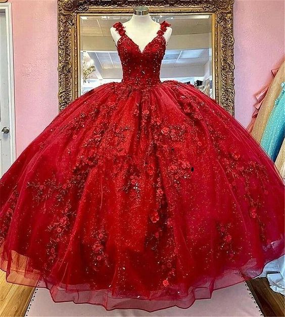 Red Quinceanera Dresses 3D Flowers Appliques Top Beaded Ball Gown Sweet 16 Dress - FashionDia
