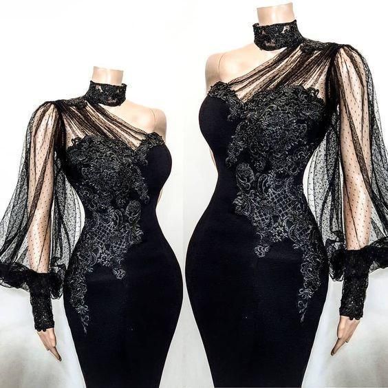 One shoulder black long prom dress, lace prom dress - VelvetHem