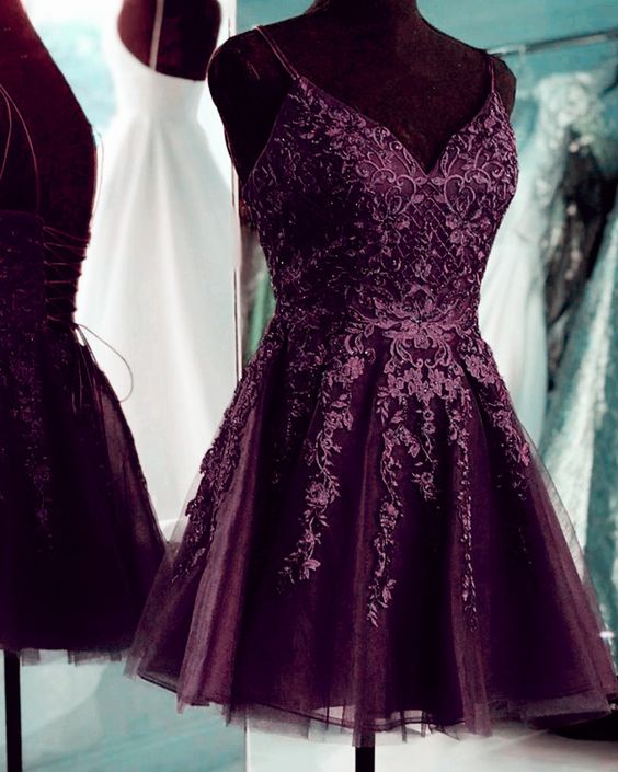 Spaghetti Straps V-Neck Tulle Lace Short Homecoming Dress - FashionDia