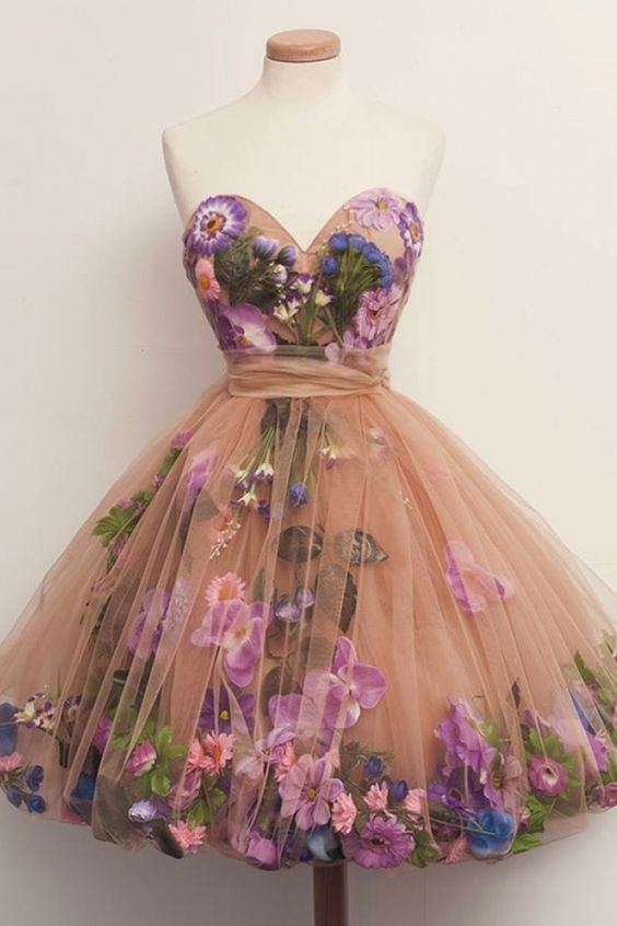 A-Line Sweetheart Above-Knee Champagne Tulle Homecoming Dress with Flowers - FashionDia