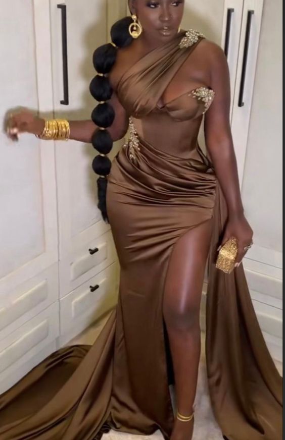 Long fitted mono strap elegant dress, wedding reception gown, shimmery prom dresses,high slit bridal dress, African women party dress - FashionDia