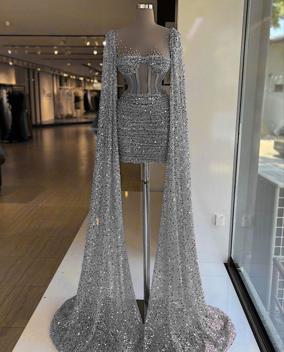 Grey Sequins Mini Homecoming Dress With Long Sleeves Sparkly Party Dress - FashionDia