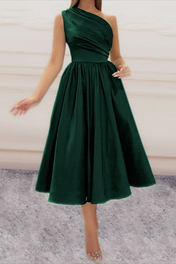Green Satin Tea-Length Formal Bridesmaid Dresses One-Shoulder Party Dress For Bridal Party - FashionDia