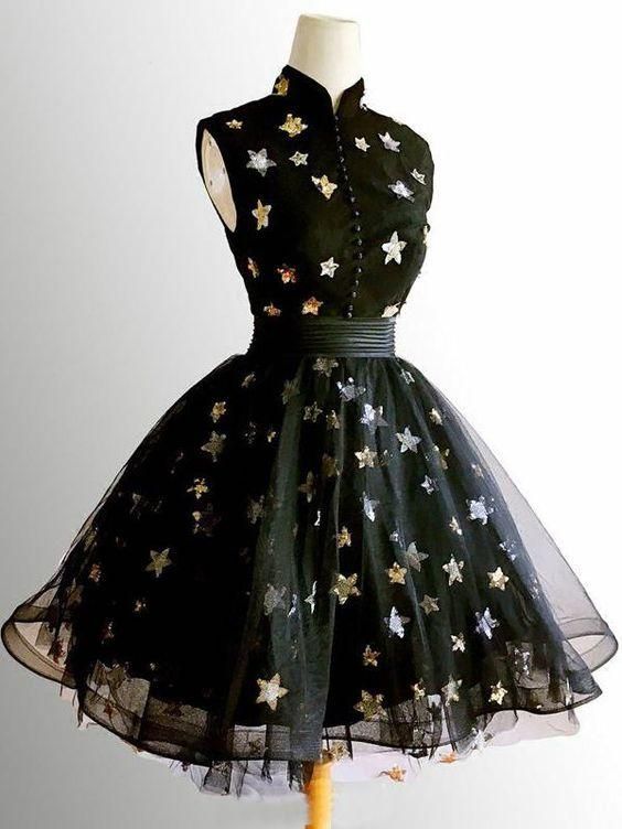 Chic A-Line High Neck Homecoming Dresses Black Short Dress Cute Homecoming Dress - FashionDia