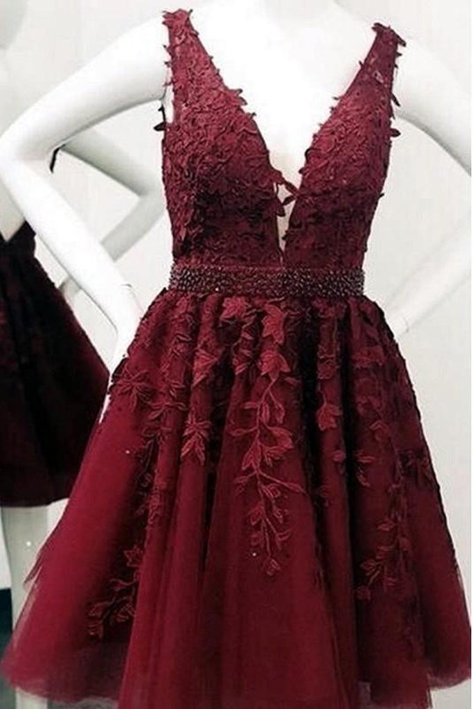 Cute Red Lace Appliques Homecoming Dresses V-Neck Tulle Above Knee Short Prom Dress - FashionDia