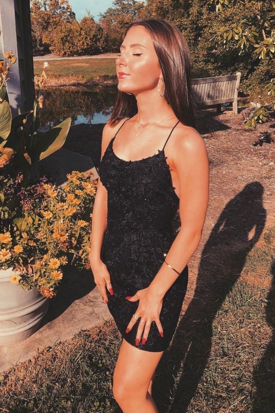 short black lace homecoming dress tight with spaghetti straps, black tight cocktail dress party dress - FashionDia