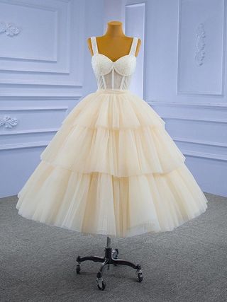 Champagne Tulle Straps Tiers Beading Short Prom Dress - FashionDia