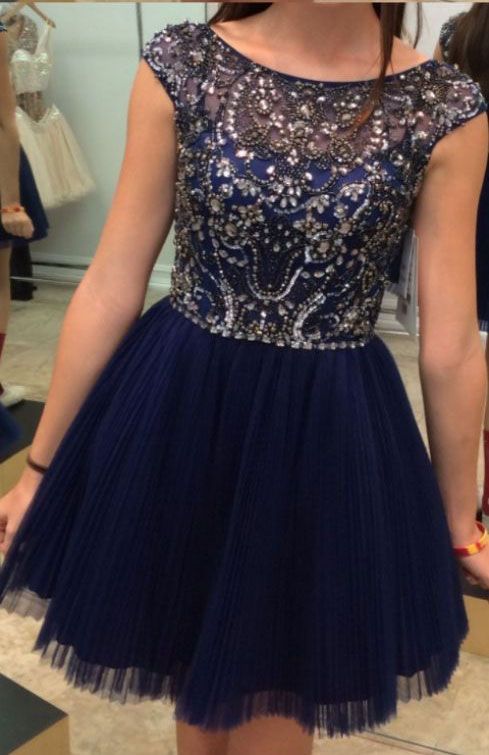 High Quality Tulle Scoop Short Navy Blue Prom Dresses Homecoming Dresses With Beaded - FashionDia