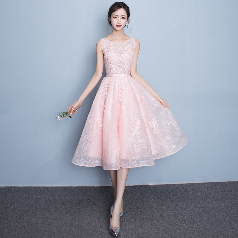 Pink round neck lace short prom dress, lace evening dress